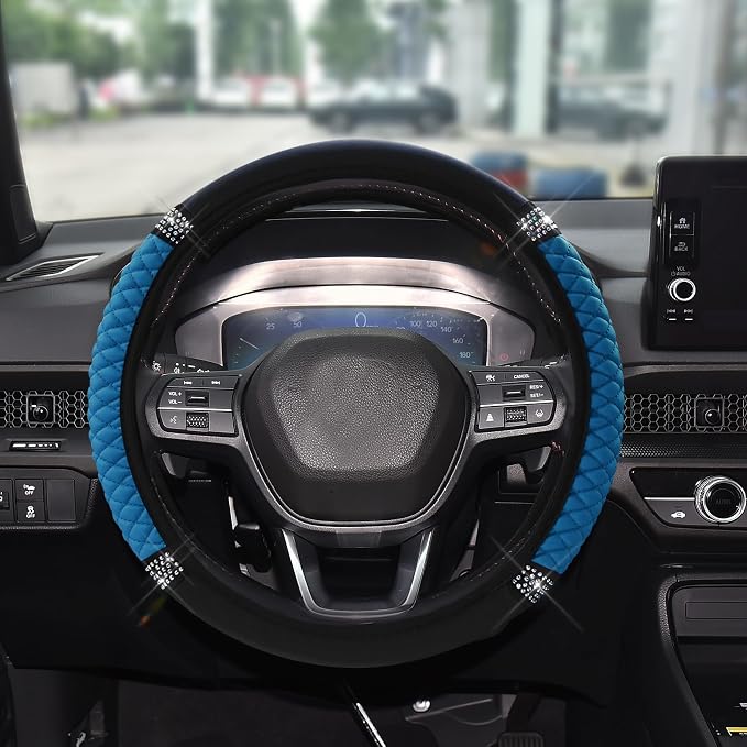Bling Soft Leather Steering Wheel Cover, 15 Inch Colorful Rhinestones Auto Elastic Steering Wheel Protector for Women Girls, Car Accessories Anti Slip Steering Wheel Cover for Cars, SUVs (Blue)