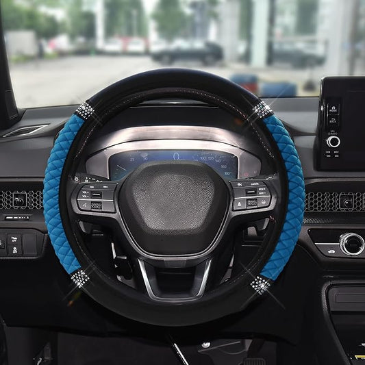 Bling Soft Leather Steering Wheel Cover, 15 Inch Colorful Rhinestones Auto Elastic Steering Wheel Protector for Women Girls, Car Accessories Anti Slip Steering Wheel Cover for Cars, SUVs (Blue)