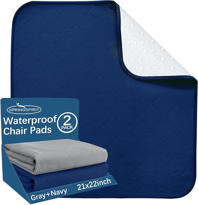Waterproof Chair Pads for Incontinence Washable 22'' x 21'', 2 Pack Absorbent Seat Protector Pee Pads for Adults, Elderly, Kids, Toddler and Pets, Grey and Navy