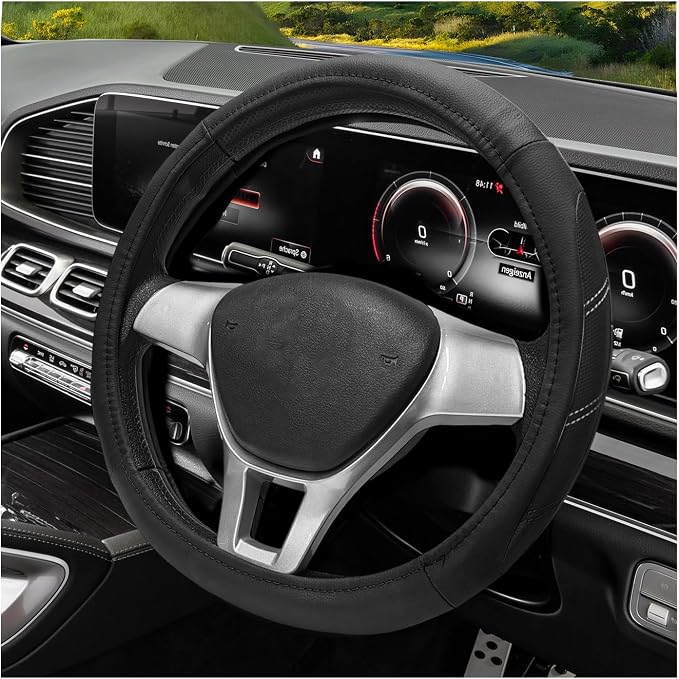 Sport Leather Steering Wheel Cover, 14.5-15 Inch Breathable Auto Steering Wheel Protector with Anti-Slip Lining, Soft Comfortable Leather Wheel Protector for Cars Trucks SUVs (Black)