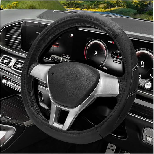 Sport Leather Steering Wheel Cover, 14.5-15 Inch Breathable Auto Steering Wheel Protector with Anti-Slip Lining, Soft Comfortable Leather Wheel Protector for Cars Trucks SUVs (Black)