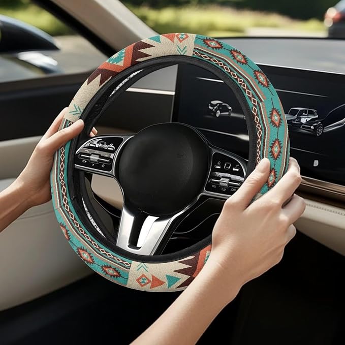Wanyint Southwest Aztec Beige Cyan Auto Steering Wheel Cover for Women Men, Universal 15 Inch Soft Elastic Steering Wheel Wrap Anti-Slip Easy to Install Car Accessories