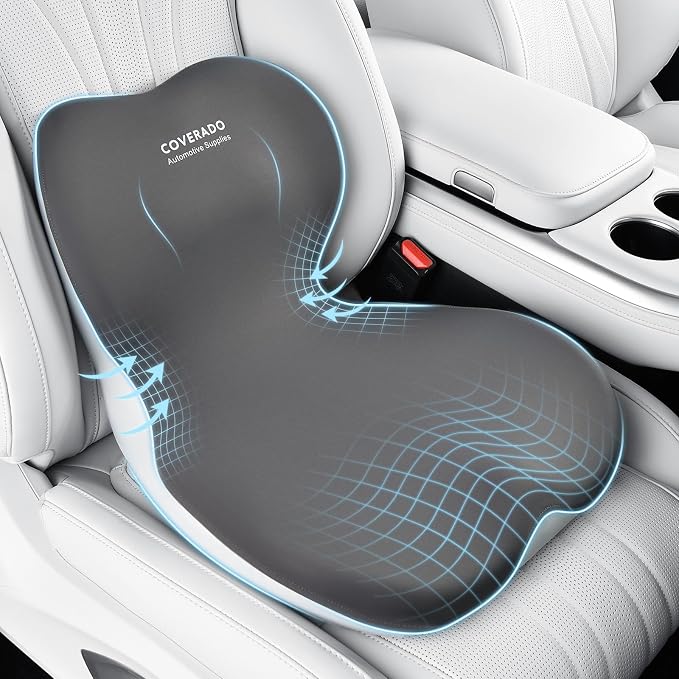 Coverado [Upgraded] Car Seat Cushion and Lumbar Support Pillow One Piece, Memory Foam Ergonomic Back Support Driving Seat Cushion for Back Pain, Non-Slip Washable Cushion for Car, Driver, Office