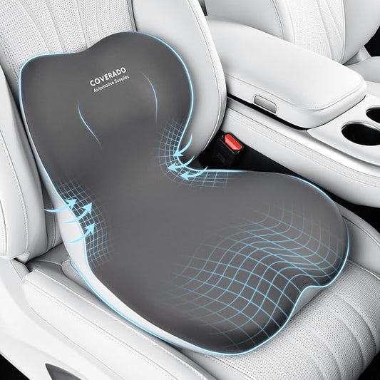 Coverado [Upgraded] Car Seat Cushion and Lumbar Support Pillow One Piece, Memory Foam Ergonomic Back Support Driving Seat Cushion for Back Pain, Non-Slip Washable Cushion for Car, Driver, Office