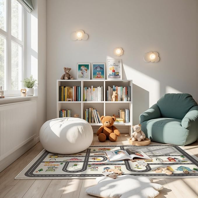 Nayoroom Kids Town Road Playroom Rug, Faux Wool Car Map, Non-Slip, 5 x 7 ft | Interactive town road map; Community scenes; Soft faux wool surface; Non-slip backing; Easy-care room accent