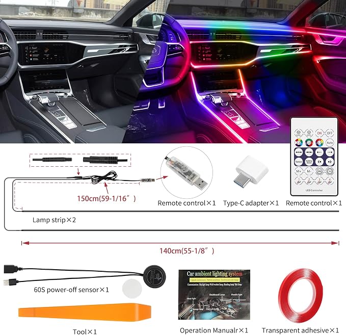 DREAMOTOR Interior Car LED Strip Lights, Acrylic LEDs Lights for Car with Dynamic Dreamcolor Chasing, Ambient Lighting Kits Music Sync Wireless APP and RF Remote Control (55.12inch*2)