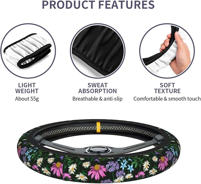 Floral Sage Green Daisy Steering Wheel Cover For Women Men Girls, Universal 15 Inch Anti Slip Steering Wheel Protector Car Accessories Interior For Auto Truck Suv