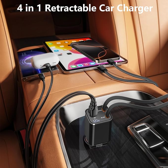 [Apple MFi Certified] Retractable Car Charger USB C, Rombica 120W Car Phone Charger 4 in 1 Car Accessories Adapter PD/QC Type C Fast Car Charging for iPhone 17/17 Pro/16/15/14/13/Galaxy S26/S25/Pixel