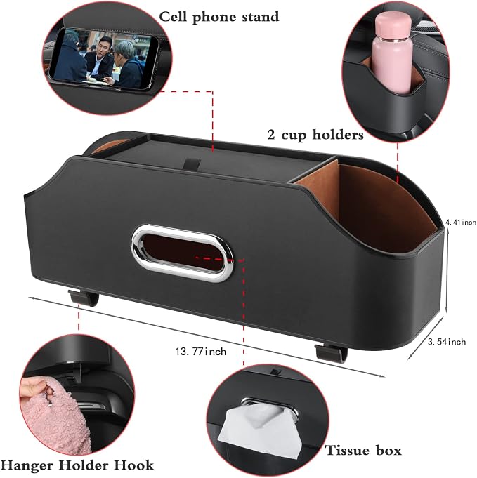 HOLDCY Car Back Seat Organizer with 2 Drink Cup Holder - Tissue Box and Storage Box Hook - Multi-functional Storage - Great for Kids and Travel (Black)