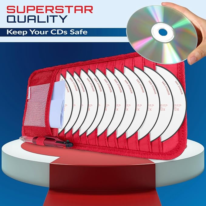 CD Case Holder for Car - Sun Visor Organizer for 12 CD’s/Dvd’s, 1 Mesh Pocket & 1 Horizontal Pen Holder - Safe, Ergonomic Design (Red)