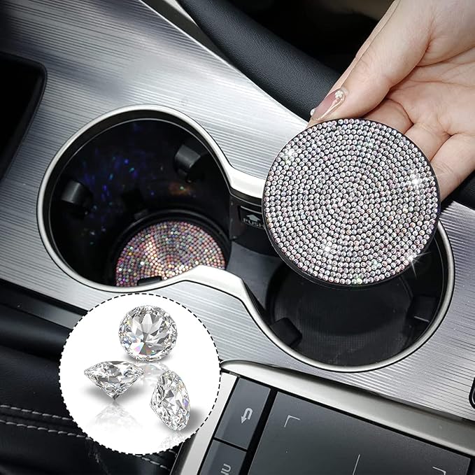Ziciner 2 Pack Bling Car Cup Holder Coaster, Anti-Slip Auto Insert Coaster with Start Stop Button Cover, Universal Shiny Crystal Vehicle Interior Accessories for Women and Girls (AB)