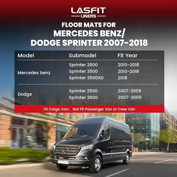LASFIT Floor Mats for Mercedes Benz & Dodge Sprinter 2500/3500 2007-2018 | LASFIT Car Mats for Sprinter Cargo Van 2500/3500, All-Weather TPE Non-Slip, 1st row with aisle liner