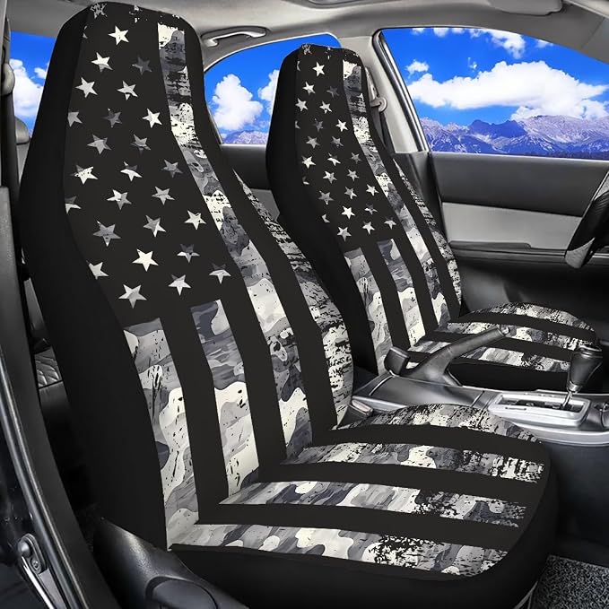 Gray US Flag Front Car Seat Cover 2 Pcs Patriotic Car Seat Covers for Front Seats Removable Automotive Accessories Easy Installation Universal Fit for Cars SUVs and Sedans