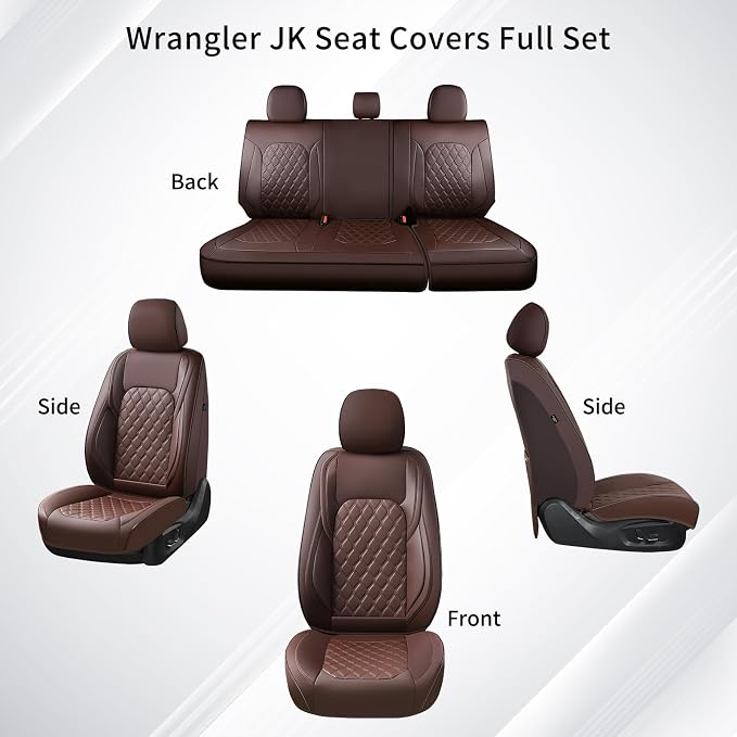 Huidasource 2007-2017 Wrangler JK Seat Covers 4 Door, Custom Fit Wrangler Seat Cover, Front&Rear Seat Cushion Protector Fit for Jeep Wrangler JK 4-Door Sahara Sport Rubicon (Full Set/Coffee)