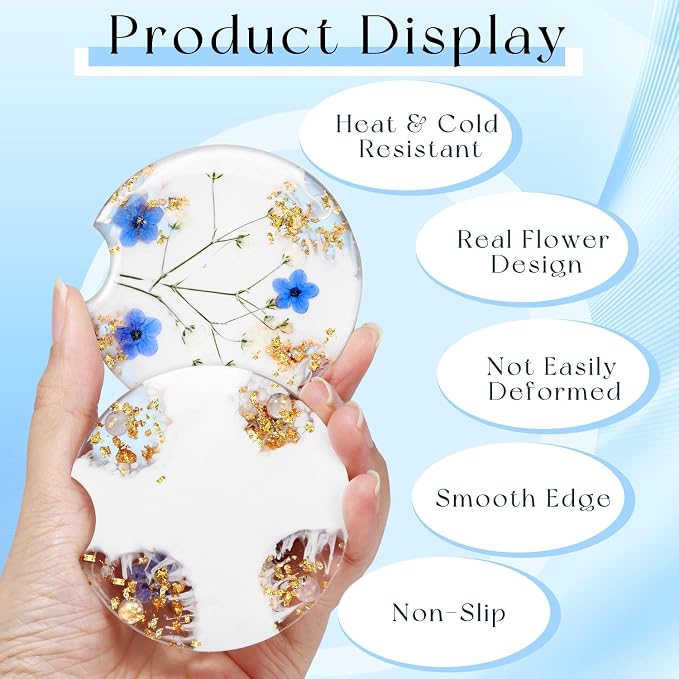 Swooflia Flower Car Cup Holder Coasters for Women - 2.75 Inch Cute Resin Clear Automotive Drink Cupholder Insert Car Accessories 2 Pack Blue