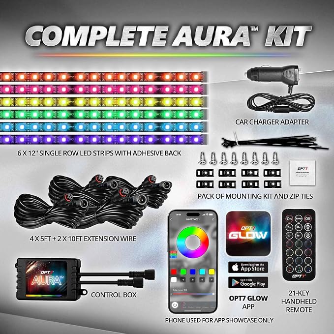 OPT7 Aura Pro Multicolor Interior SUV & Van Lights w/App & Remote, 6PC Kit | Extended Interior Lighting, RGB Ambient Footwell Glow, Full SUV Coverage, Sound Sync, 3-Row Car Decor, 12V LED Strips