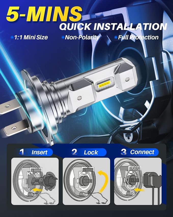 AUTOONE H7 Light Bulbs, 1:1 Mini Size, 60,000LM Brightness, 6500K Cool White, Easy 3 Min Plug and Play, IP68 Rated, Long Lifespan, Pack of 2