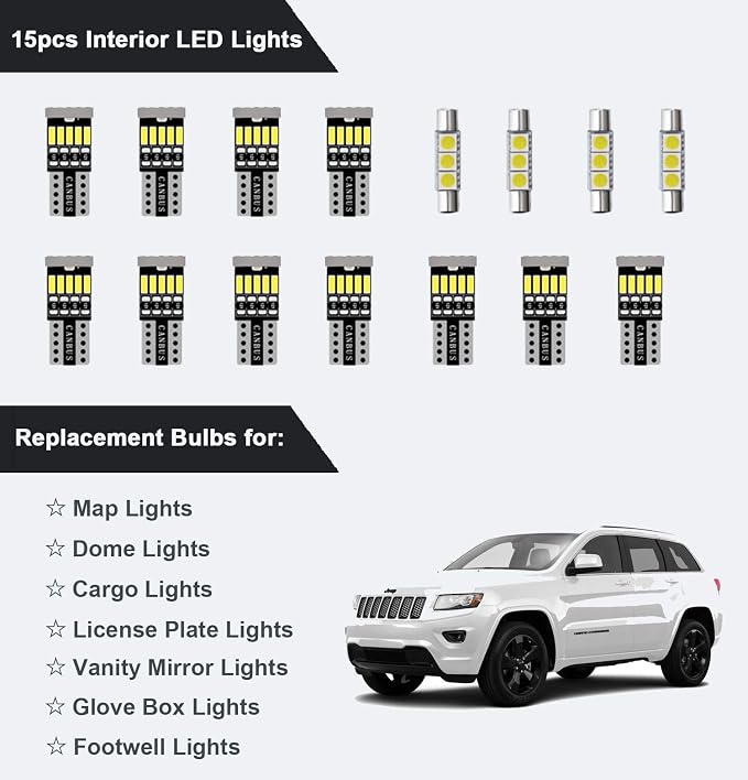 AWALITED 15pcs Interior LED Lights Kit Super Bright Map Dome Bulbs for 2011-2018 2019 2020 Jeep Grand Cherokee all models