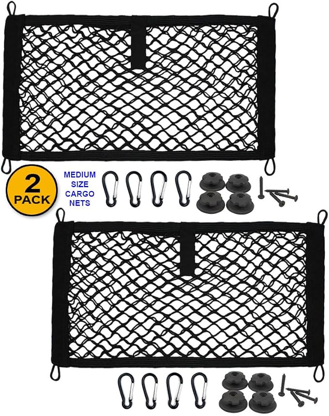 [2 Pack], JAVOedge Storage Stretchable Mesh Pocket Net for Car, Trunk, RV, Boats, Home with 8 PCS Mounting Screws and Built-in Hooks