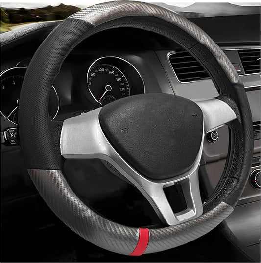 Car Steering Wheel Cover, Breathable Carbon Fiber Wheels Protective Cover Interior Accessories, Universal Anti Slip Protector for Most 14.5-15 Inch Steering Wheels (Gray)