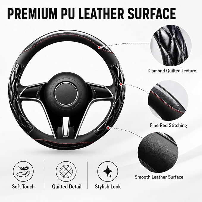 Couslcd 14.5-15 Inch Leather Steering Wheel Cover with Soft Padded Lining, Anti-Slip Comfort Grip, Universal Steering Wheel Protector for Most Cars, SUVs, Trucks (Black)