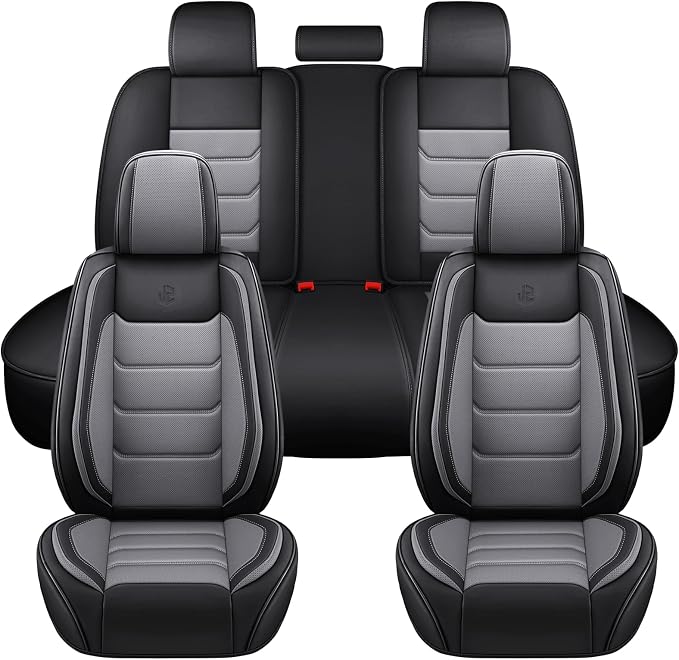 Full Coverage Faux Leather Car Seat Covers Full Set,Automotive Seat Covers for Cars,SUVs Pick-up Truck, Car Seat Cushion, Black and Grey Seat Covers for 5 Seats