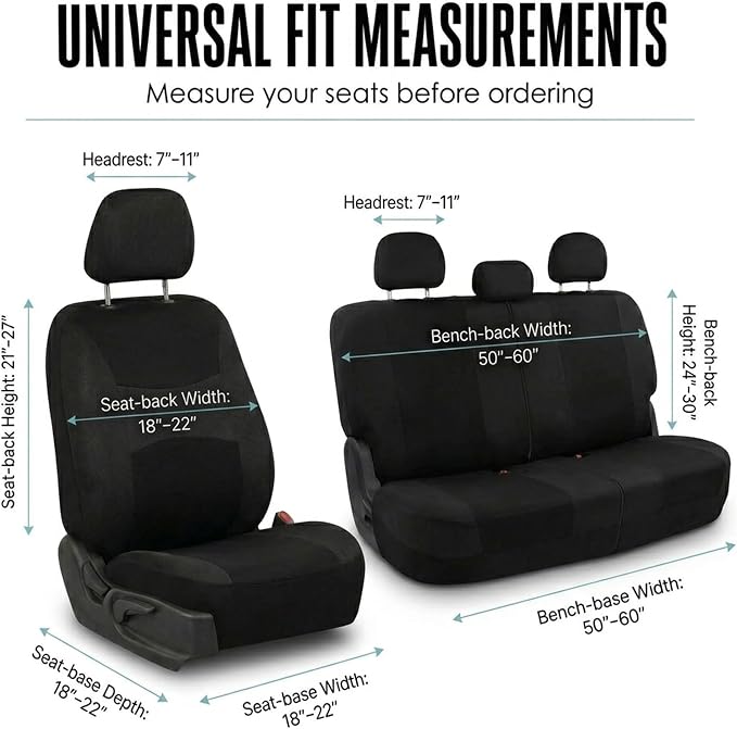 FH Group Full Set Cloth Car Seat Covers, Universal Fit Front and Split Bench Rear, Airbag Compatible, Washable for SUV, Sedan, Van - Black
