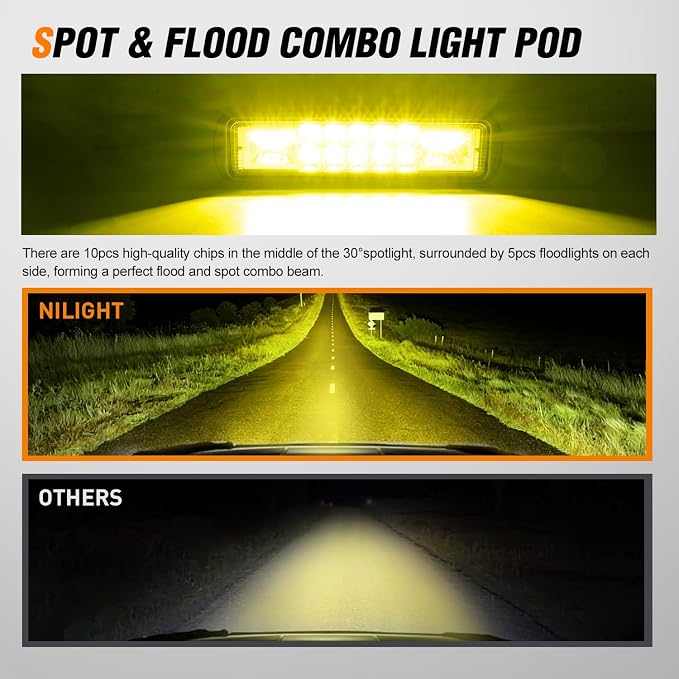 Nilight 6 Inch Yellow LED Light Pods 2 PCS 60 W | Flood Spot Combo Beam Off Road Work Driving Fog Lighting for 12V 24V ATV UTV Pickup Truck Tractor Boat
