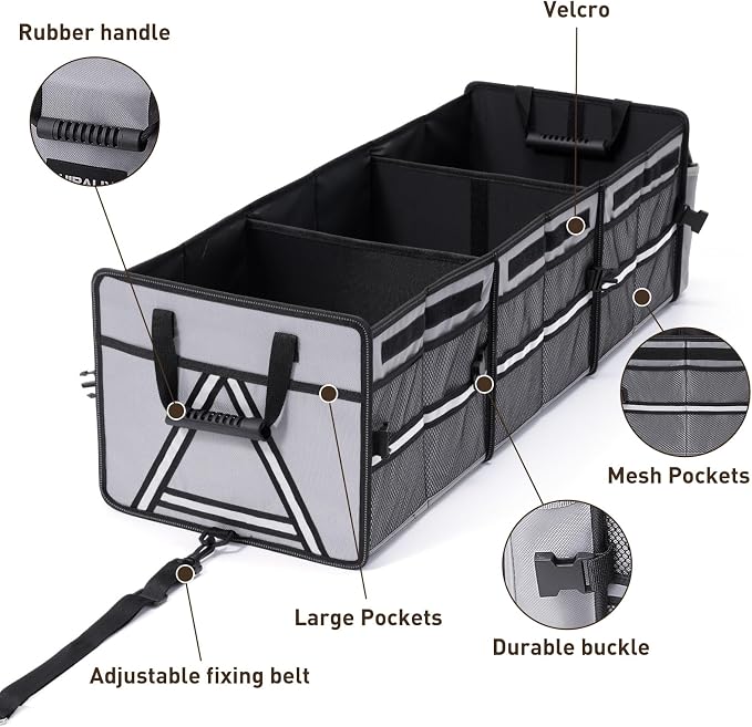 HIRALIY 4 in 1 Car Trunk Storage Organizer with Leakproof Cooler Bag, Multi-Compartment Foldable Trunk Storage Box for Car Truck SUV Gray