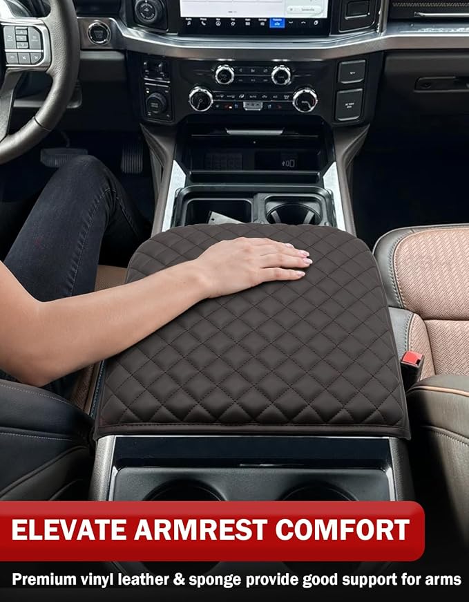 Center Console Armrest Cover for Ford F250 F350 F450 F550 Super Duty 2023 2024 2025 2026, Vinyl Leather Trim, Arm Rest Lid Cushion Protector, Anti-scratch, Dark Brown (Fits Bucket Seat Console Only)