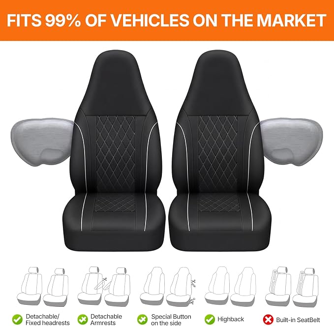TOYOUN Luxury Diamond Stitch PU Leather Front Car Seat Covers Universal | Waterproof Black White Stitching Airbag Compatible 2 Pack Premium Seat Protectors For Cars Trucks SUVs Vans Auto Accessories