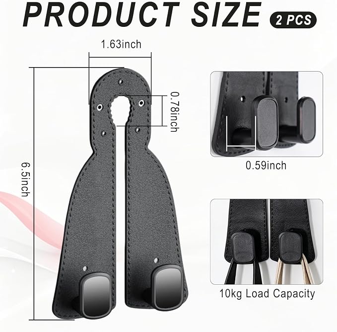 Headrest Hooks for Car 2 Pack, Upgraded Double Metal Hooks with Leather Cover, Car Seat Back Storage Organizer with Anti-Drop Design, for Purses, Handbags, Coats, Groceries (style1)