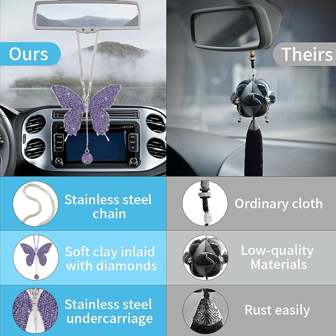 JOYCOURT Bling Butterfly Diamond Car Hanging Accessories for Women, Green | Crystal Butterfly Rear View Mirror Luck Car Decoration Accessories, Valentine's Day Presents Ornament Pendant for All Cars