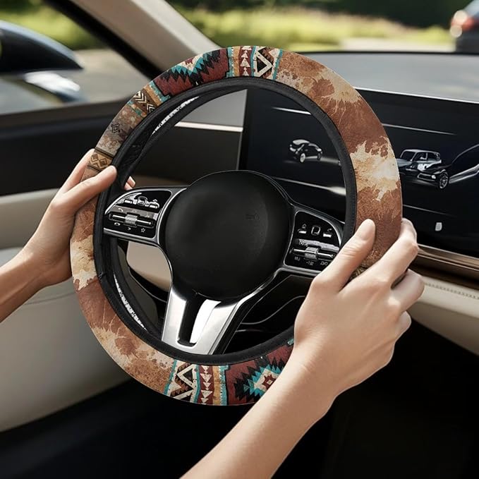 Wanyint Car Steering Wheel Cover Universal Fit SUV Truck Van, Anti-Skid Soft Stretchy All Weather Protection Auto Decor Accessories, Aztec Navajo Splash Brown