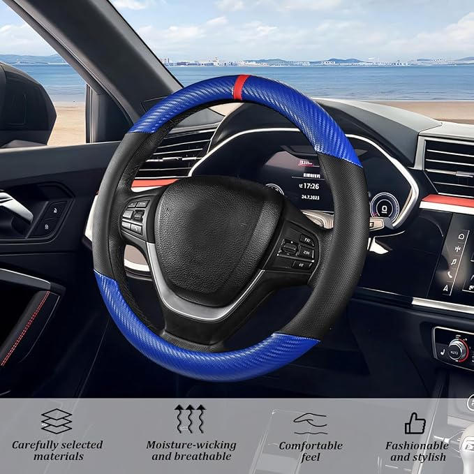 Carbon Fiber Car Steering Wheel Cover, Leather Breathable Automotive Wheel Protector, 15 Inch Anti-Slip Vehicle Interior Steering Accessories, Universal for SUV Truck Sedan (Blue)