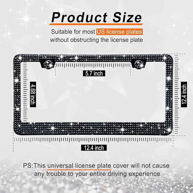 GaRhomxy Bling License Plate Frames for Women, 1 Pack Handcrafted Sparkly Rhinestone Car Accessories, Premium Stainless Steel Frame with 1000+ Faceted Glass Crystals & Free Glitter Caps (Black)