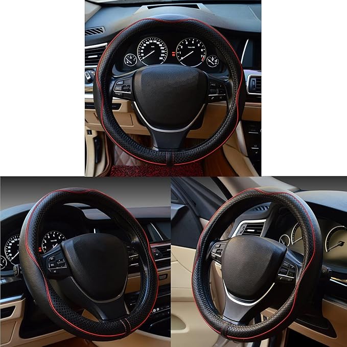 ESEWALAS Universal Car Steering Wheel Cover,Anti-Slip Leather Steering Wheel Cover,Sports Style Steering Wheel Protector,Car Interior Accessories Auto Steering Wheel Covers (Black)