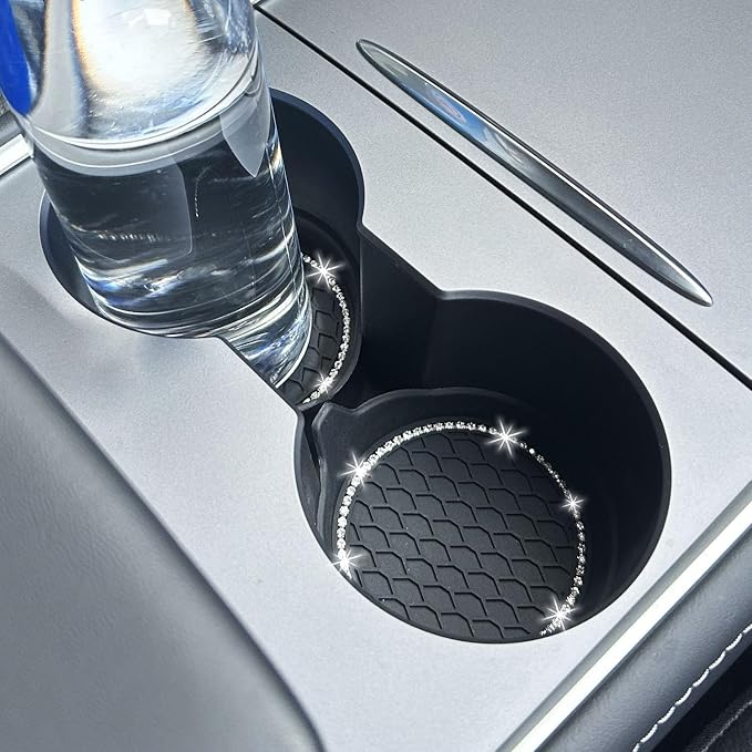 NBTEPEM 2PCS Bling Car Coasters, Non-Slip Insert Water Bottle Holder Pads, Bling Crystal Rhinestone Dustproof Automotive Interior Accessories, Universal for Vehicles, Trucks, RVs (2 pcs, Black)