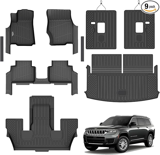 Floor Mats Custom for Jeep Grand Cherokee L 2021-2025 2026 Captain Chair(Only for 6-Seater w/o 2nd Row Armrest) TPE All Weather Cargo Liner with Backrest Mat & Door Sill Guards Accessories, Black