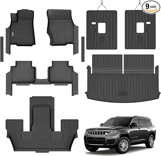 Floor Mats Custom for Jeep Grand Cherokee L 2021-2025 2026 Captain Chair(Only for 6-Seater w/o 2nd Row Armrest) TPE All Weather Cargo Liner with Backrest Mat & Door Sill Guards Accessories, Black