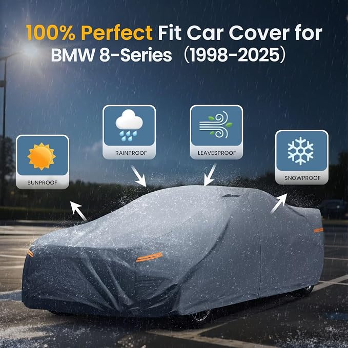 Waterproof BMW 8-Series(1998-2026) Car Cover with Breathable Vents, [Upgrade] Premium Covers with Cotton Liner and Zipper Door, Sun Rain Snow Dust Uv Protection.(Gift with Towel)