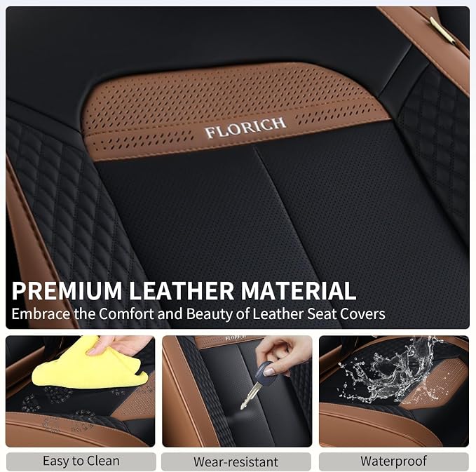 FLORICH Leather Car Seat Covers Full Set, Breathable Waterproof Nappa Leather Seat Covers, Gary Seat Covers, Automotive Interior Cover Universal for Cars SUV Truck Sedan - Coffee