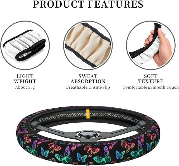 Butterfly Trendy Purple Steering Wheel Cover For Women Men Girls Car Accessories Decor Anti-Slip Neoprene Auto Steering Wheel Covers Protector Universal 15 Inch