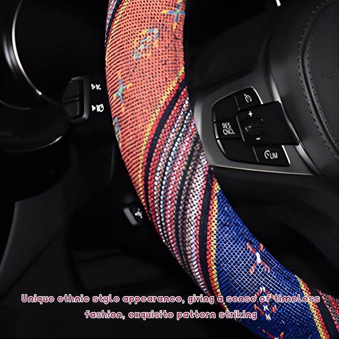 Boho Steering Wheel Cover, Anti-Slip Coarse Flax Cloth Ethnic Style Auto Wheel Cover, Breathable Boho Auto Steering Wheel Protector for Women Men, Car Accessories (Style C)
