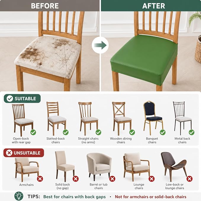 NILUOH Waterproof Seat Covers for Dining Room Chairs Set of 2, Pu Leather Chair Seat Slipcovers Dining Chair Cover Removable Washable Chair Protctor Cover, Rear Covers (PU-Grass Green)