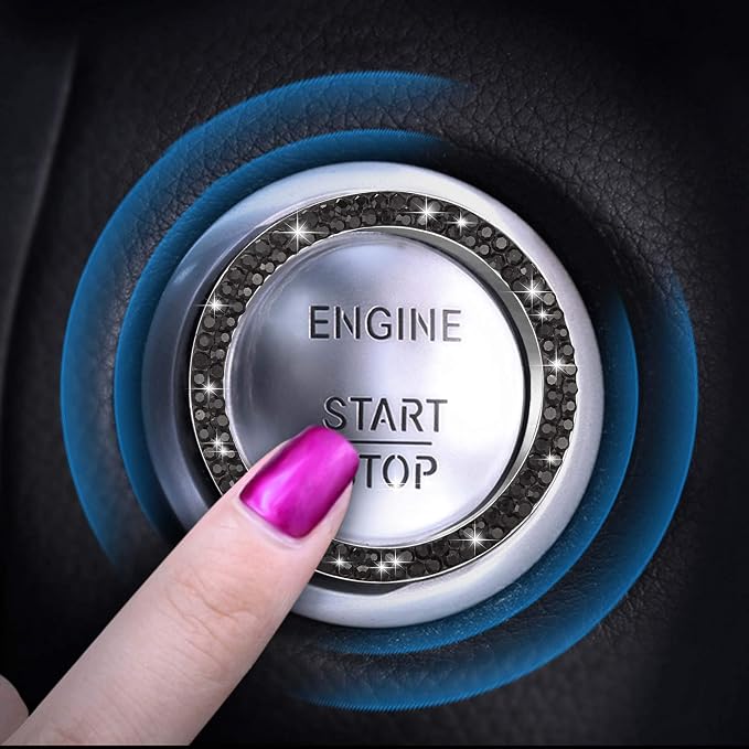 WINKA 2pcs Bling Car Engine Start Button Cover Diamond Crystal Push Start Stop Button Ring Sparkly Bling Ignition Button Cover Rhinestone Keyless Ignition Ring Universal Car Accessories (Black)