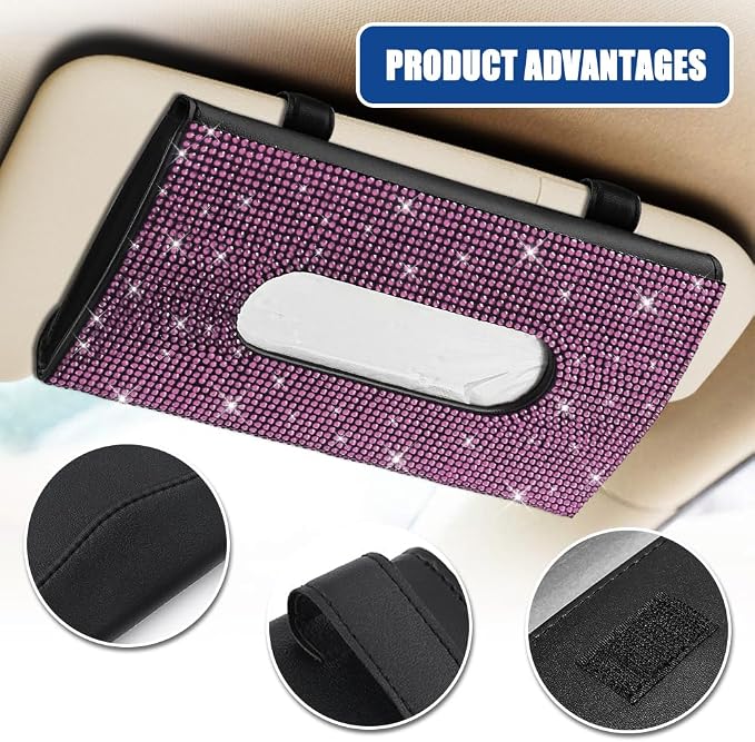 Bling Car Sun Visor Tissue Box Holder, Visor Accessories, Rhinestone PU Leather Crystal Sparkling Napkin Holder, Auto Sun Visor Paper Towel Cover Case Accessories for Most Cars (Pink)