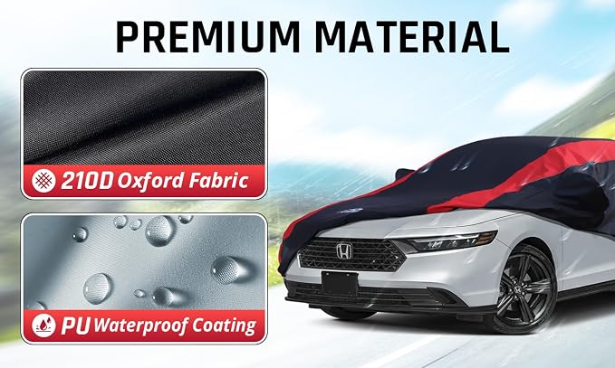 Honda Accord Car Cover Waterproof All Weather with Red Strip Design, Custom Fit for Honda Accord 1998–2025, Accord Accessory with Door Zipper & Windproof Straps