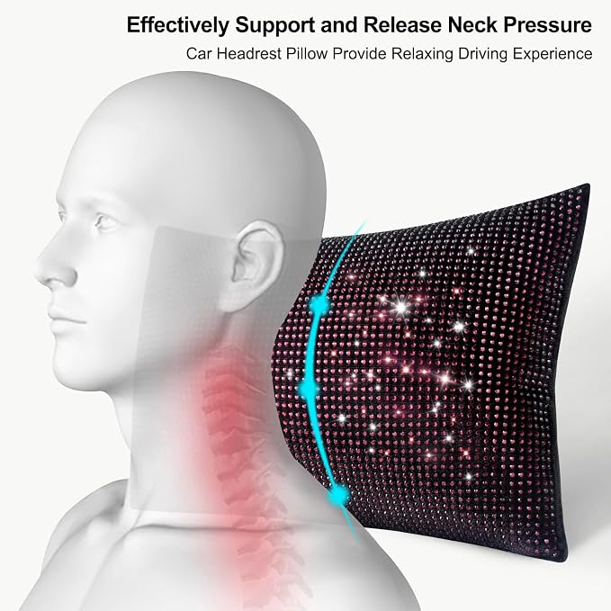 surpassme 2PCS Rhinestone Car Headrest Neck Pillow for Driving with Bling Bling Crystal Bow Pillow Car Accessories for Women (Purple)