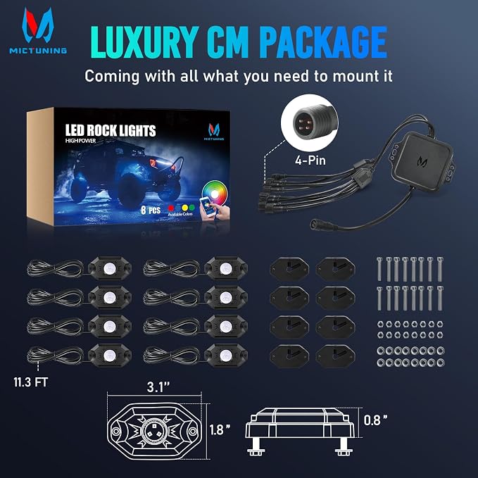 MICTUNING 2nd-Gen CM RGB Rock Lights - 8 Pods Waterproof Multicolor Neon Underglow Kit with Bluetooth App Control & Music Mode for Trucks Pickup UTV SUV ATV（2 Year Warranty）